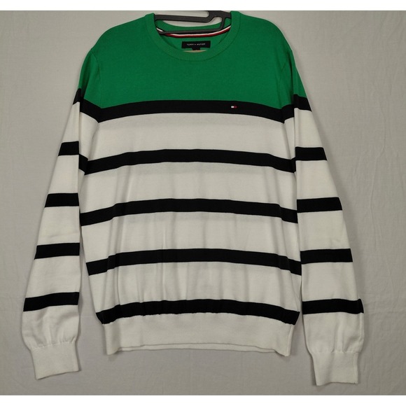 Tommy Hilfiger Other - Tommy Hilfiger Sweater Mens Sz M Knit Striped Green Navy White Preppy Crest Logo